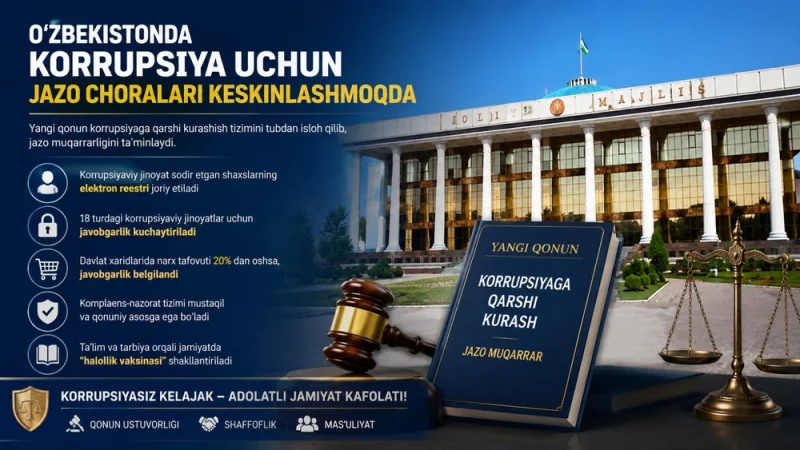 Ўзбекистонда коррупция учун жазо чоралари кескинлашмоқда: Янги қонун тизимни қандай ўзгартиради?