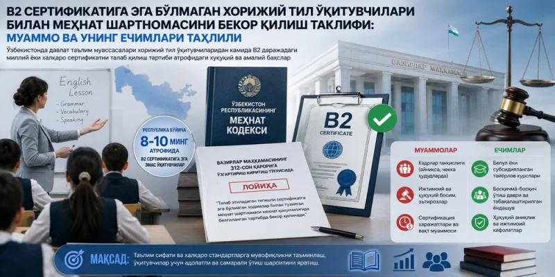 B2 сертификатига эга бўлмаган хорижий тил ўқитувчилари билан меҳнат шартномасини бекор қилиш таклифи: Муаммо ва унинг ечимлари таҳлили